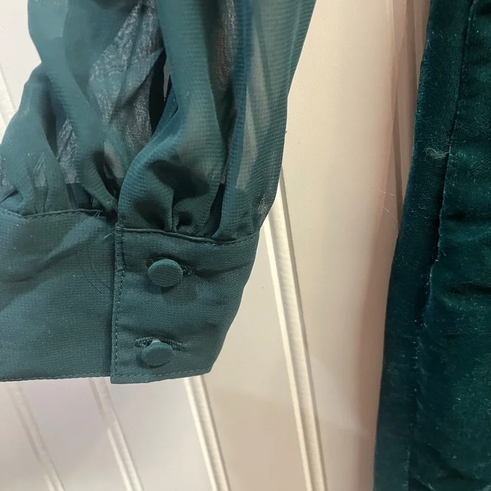 J. Crew Forest Green Velvet Shift Dress Sheer Long Sleeve Mini CE630 6 NWT Flaws